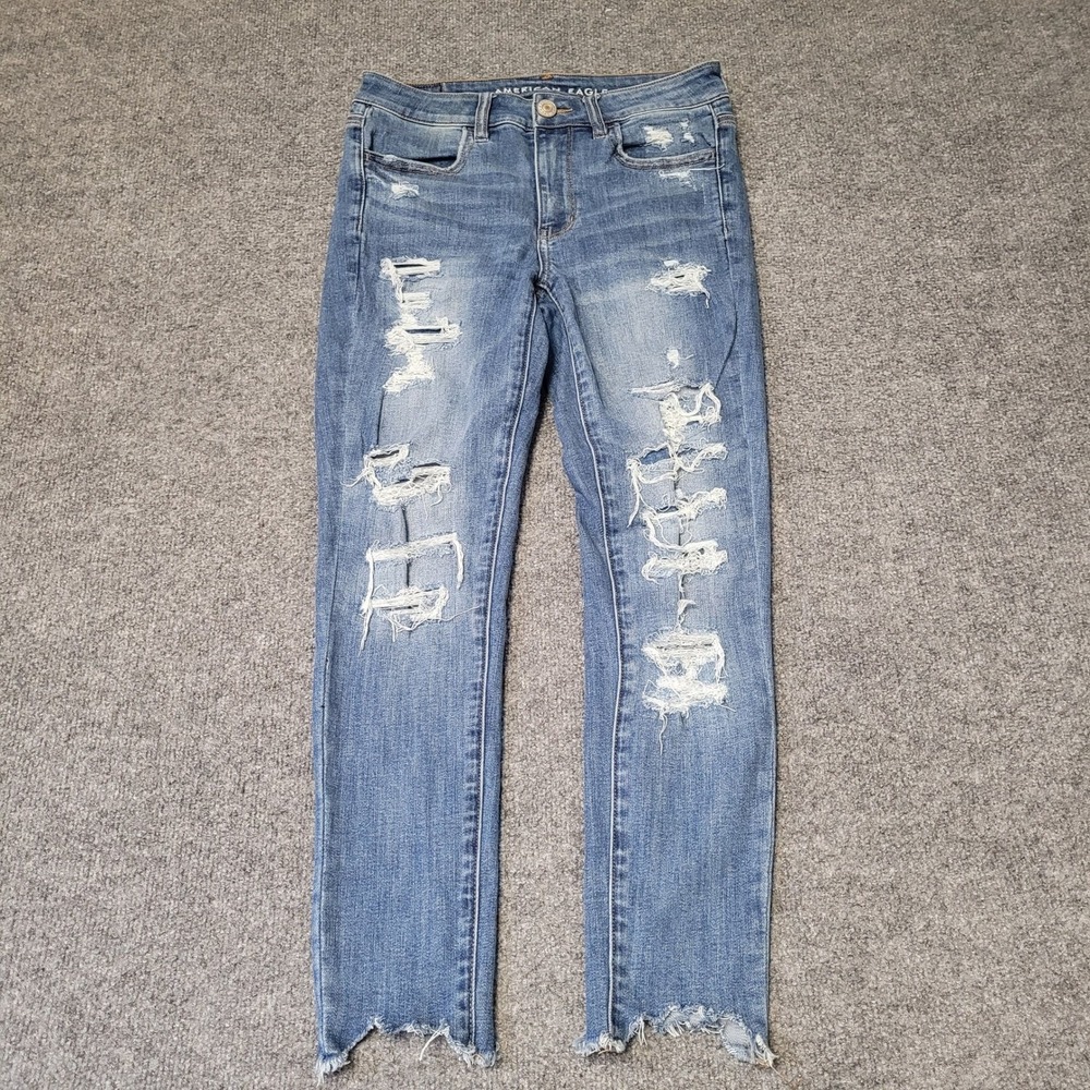American Eagle Jeans Womens Size 2 Medium Wash Distressed Skinny Raw Hem Stretch